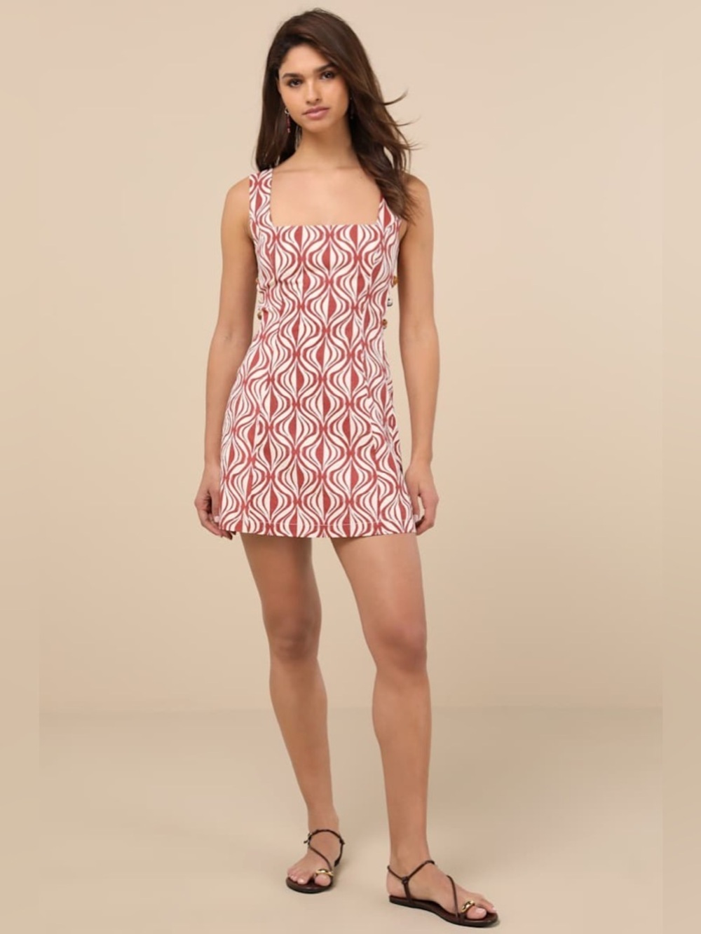 Lulus Pollie Rust and Cream Print Beaded Linen Sleeveless Mini Dress - Picture 3 of 8